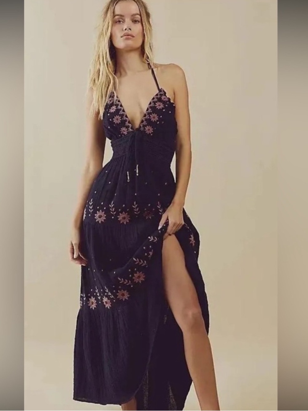 Free People Black Maxi Dress with Pink Floral Embroidery xs